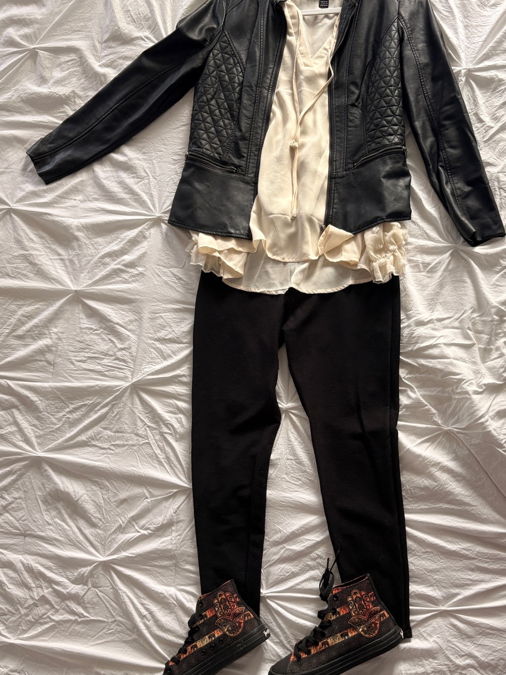 Edgy Chic Neutral Outfit | Moto Jacket + Sheer Blouse + Jeggings + Hightops